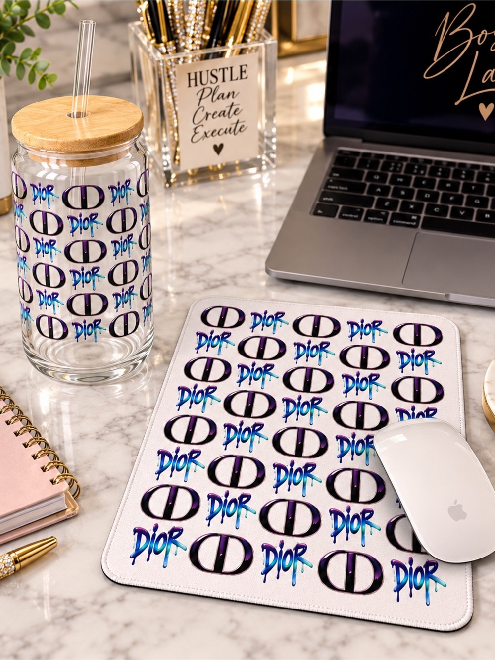 Logo Blue Accent Glass Tumbler and Mouse Pad Set